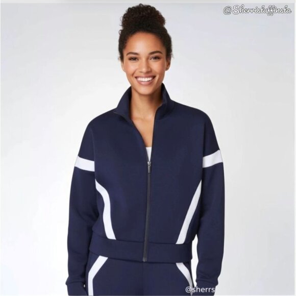 Like New Spanx AirEssentials Full Zip Activewear Track Jacket Navy White Size L - Picture 1 of 10